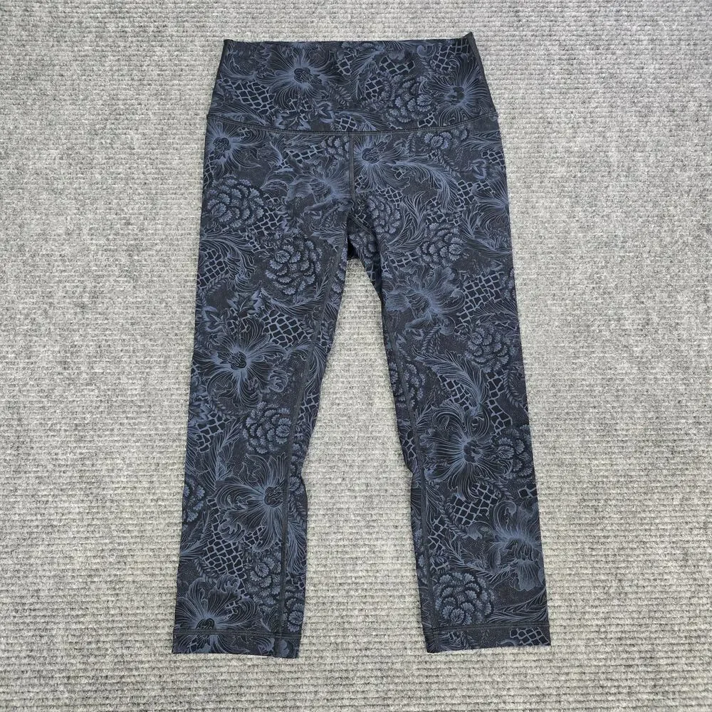 Lululemon Wunder Under Crop Womens 8 Nouveau Mach Blue Black Floral 21